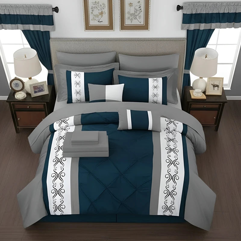 Embroidered Duvet Set - Grey & Royal Blue