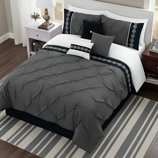 Embroidered Pintuck Duvet Set - Grey