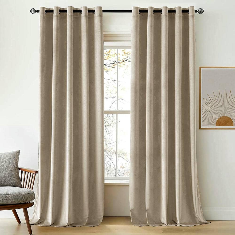 2 Pieces Plain Dyed Velvet Eyelet Curtains - Beige