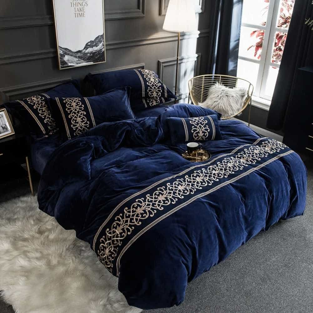Velvet Embroidered Duvet Set - Blue