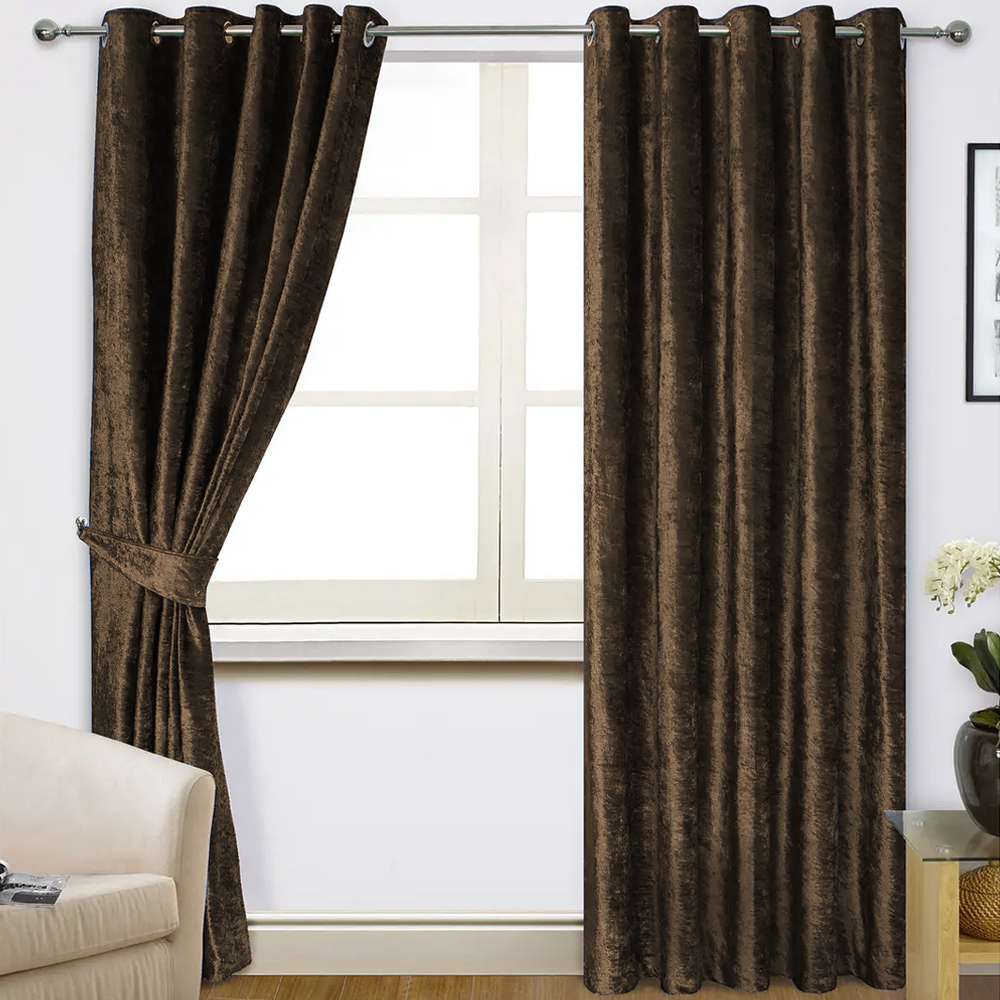 2 Pieces Plain Dyed Velvet Eyelet Curtains - Chocolate