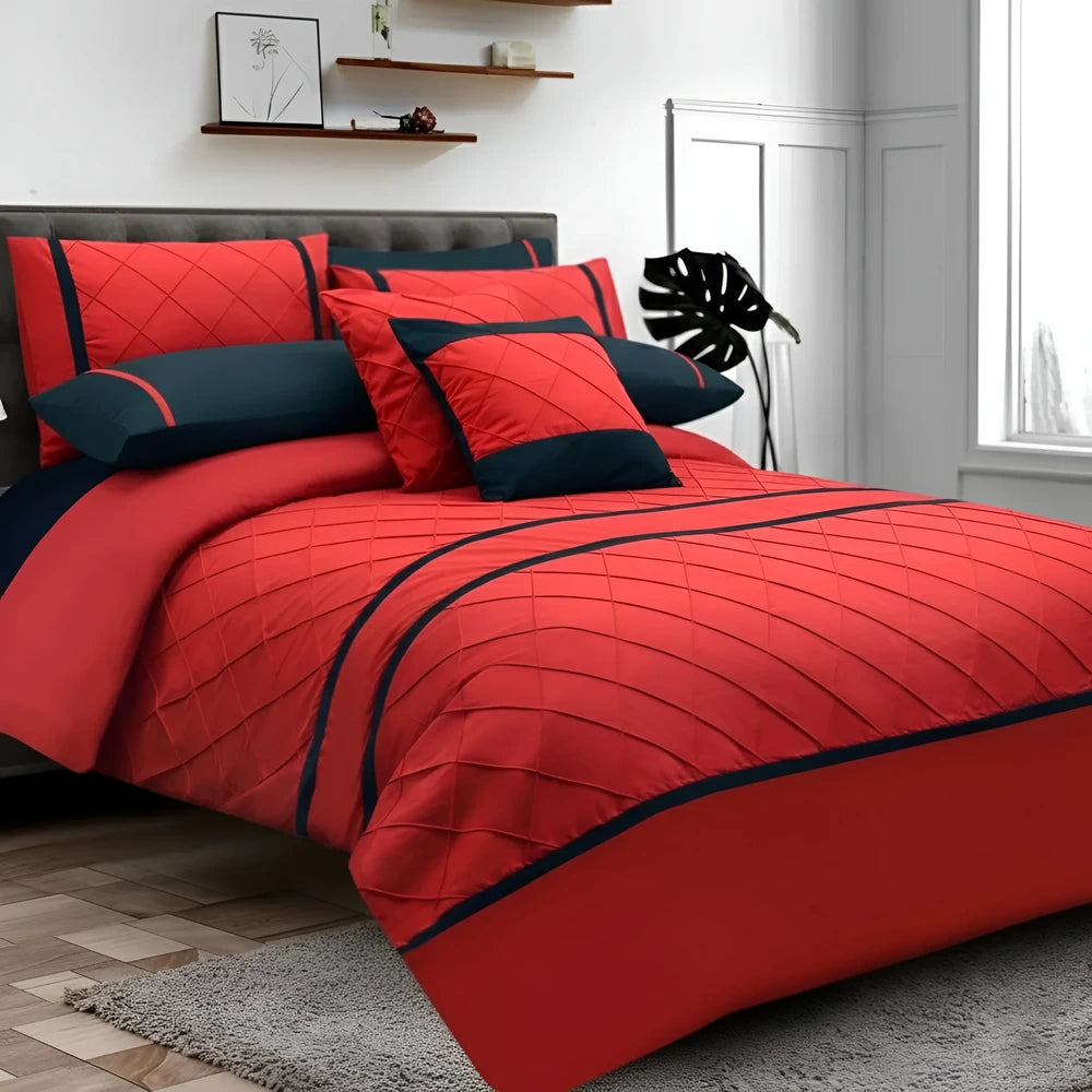 Cross Pleated Duvet Set - Black & Red
