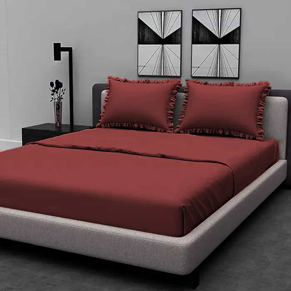 Rich Cotton Fitted Sheet with Ruffle Pillow covers - Maroon