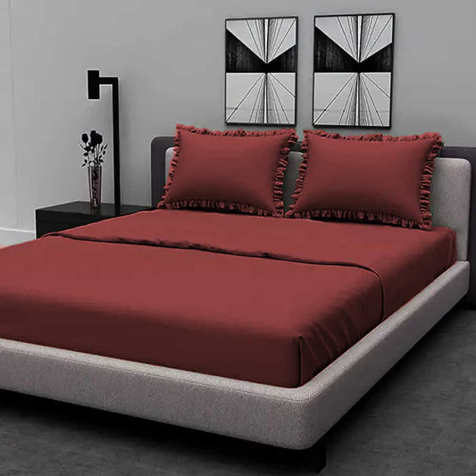 Rich Cotton Fitted Sheet with Ruffle Pillow covers - Maroon