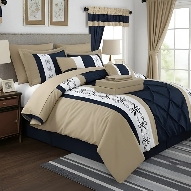 Embroidered Duvet Set - Beige & Blue
