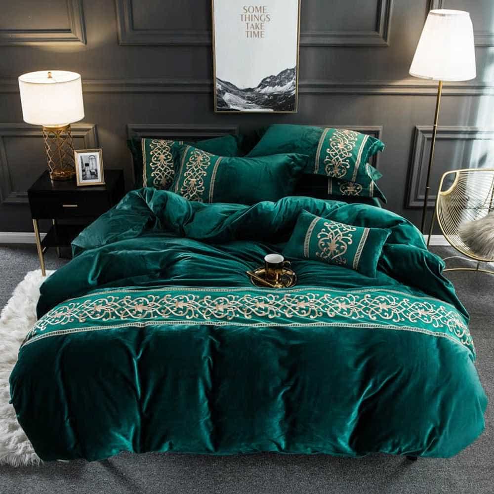 Velvet Embroidered Duvet Set - Green