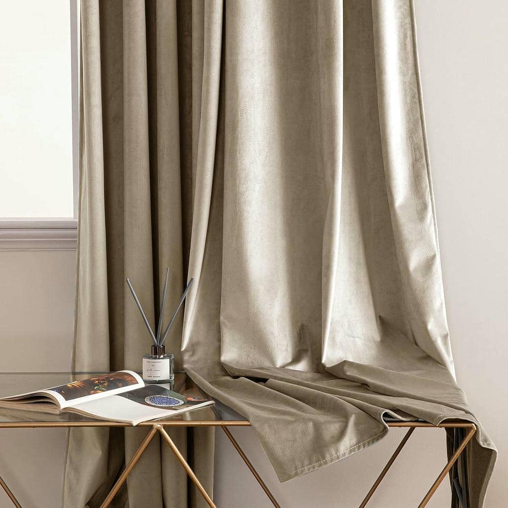2 Pieces Plain Dyed Velvet Eyelet Curtains - Beige