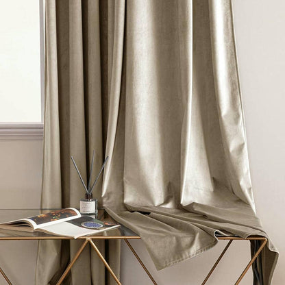 2 Pieces Plain Dyed Velvet Eyelet Curtains - Beige