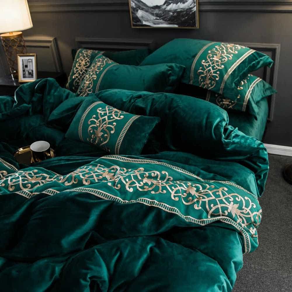 Velvet Embroidered Duvet Set - Green