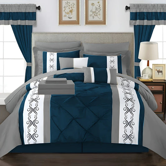 Embroidered Duvet Set - Grey & Royal Blue