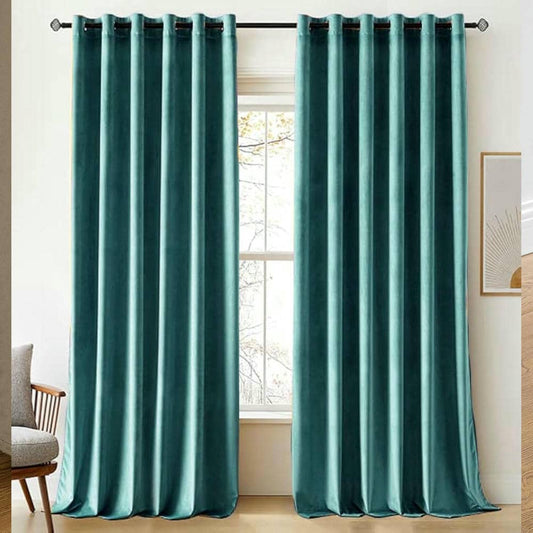 2 Pieces Plain Dyed Velvet Eyelet Curtains - Sea Green
