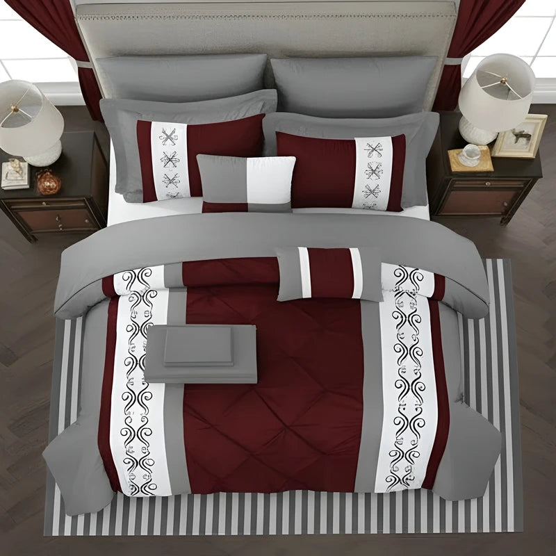 Embroidered Duvet Set - Grey & Maroon