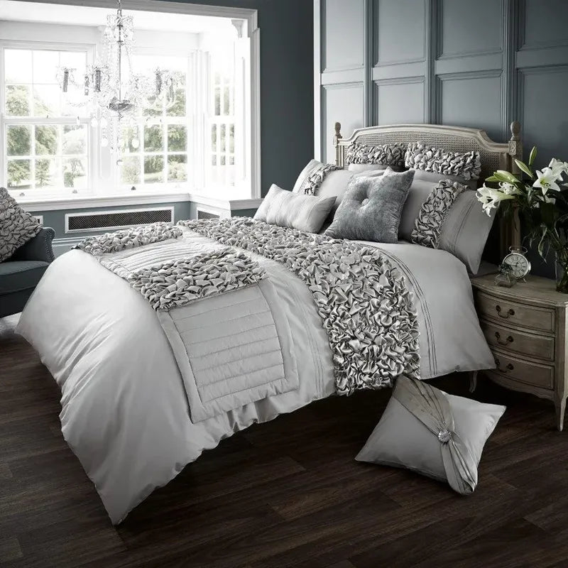 Elegant Bridal Quilt Set Light Grey - 12 Pieces with Free Quilt Filling