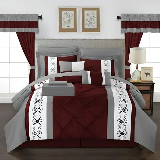 Embroidered Duvet Set - Grey & Maroon