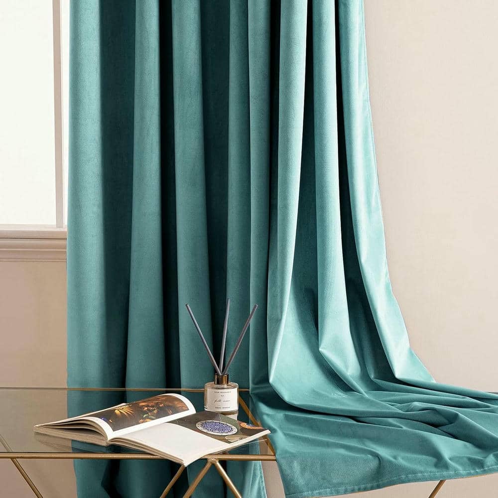 2 Pieces Plain Dyed Velvet Eyelet Curtains - Sea Green