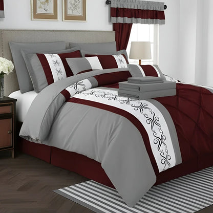 Embroidered Duvet Set - Grey & Maroon