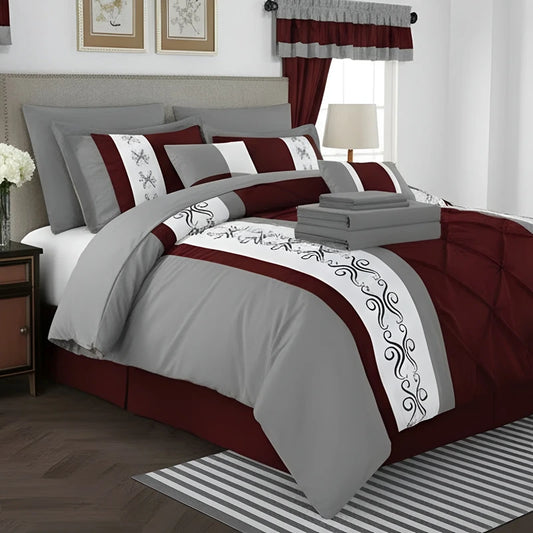 Embroidered Duvet Set - Grey & Maroon