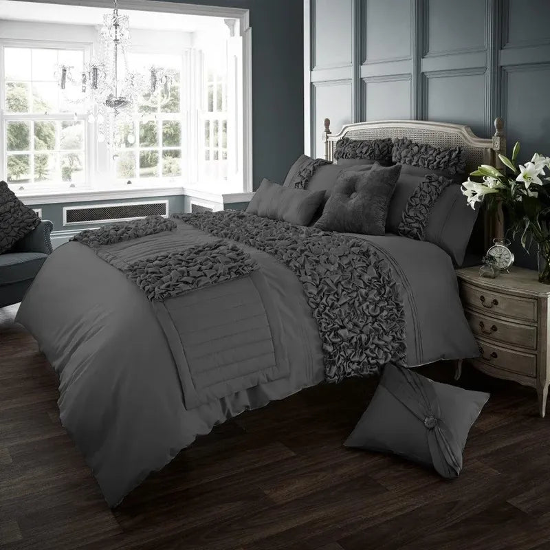 Elegant Bridal Quilt Set Grey - 12 Pieces with Free Quilt Filling