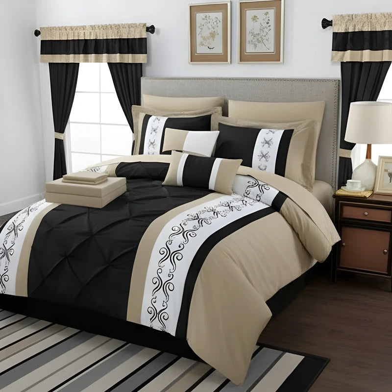 Embroidered Duvet Set - Beige & Black