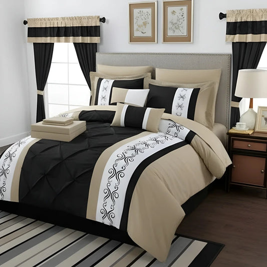 Embroidered Duvet Set - Beige & Black