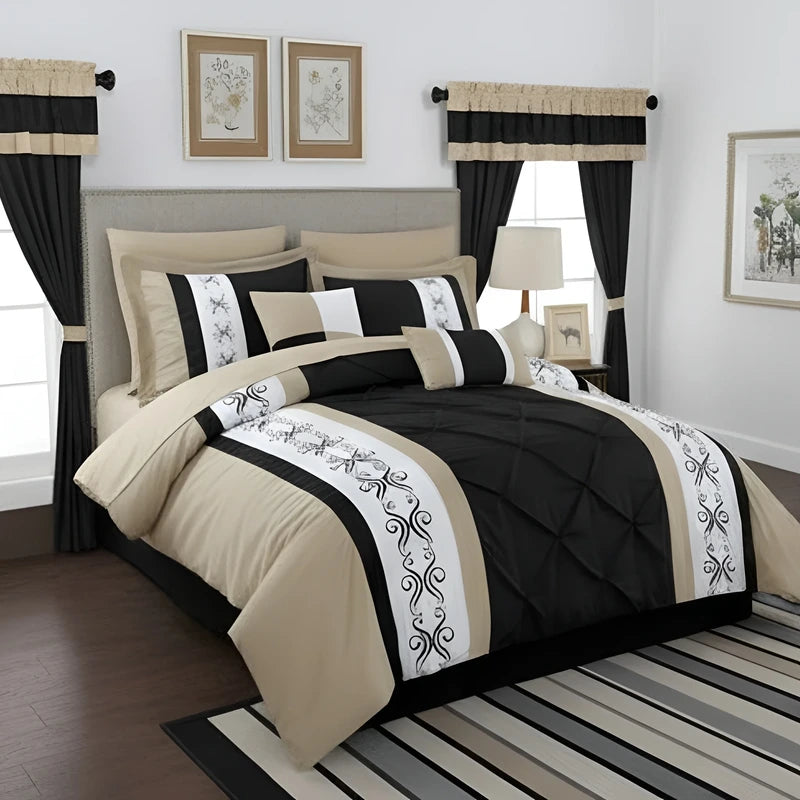 Embroidered Duvet Set - Beige & Black
