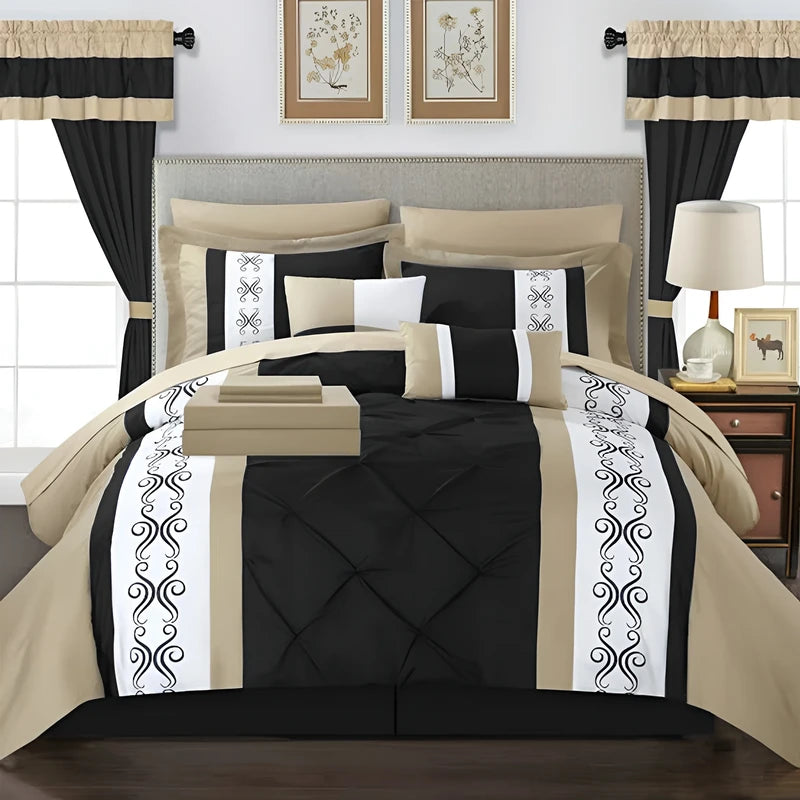 Embroidered Duvet Set - Beige & Black