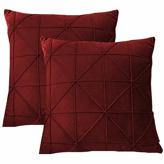 Pack of 2 Velvet Decorative Cross Pleated Square Cushion - Maroon
