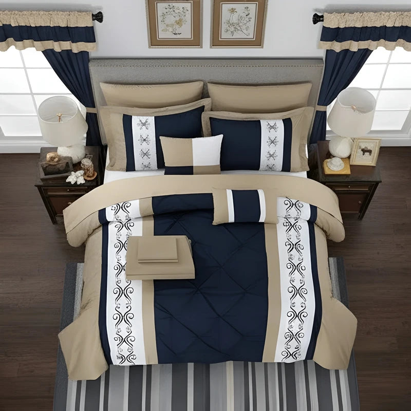 Embroidered Duvet Set - Beige & Blue