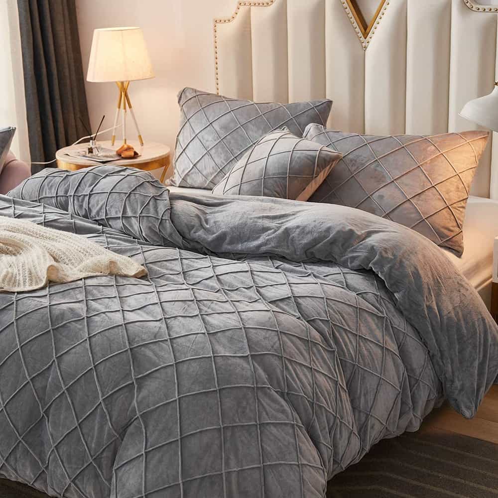Velvet Cross Pleated Duvet Set - Grey