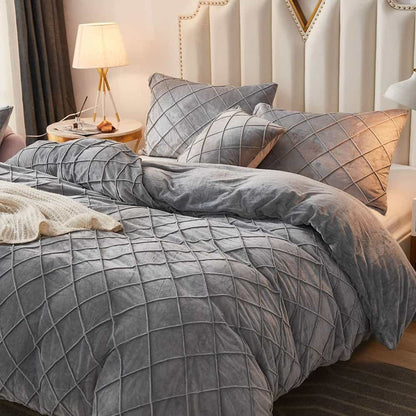 Velvet Cross Pleated Duvet Set - Grey