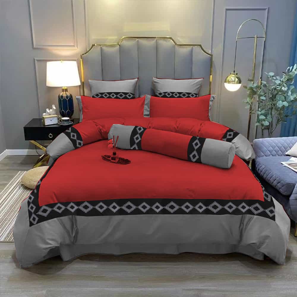 Embroidered Duvet Set - Red & Grey