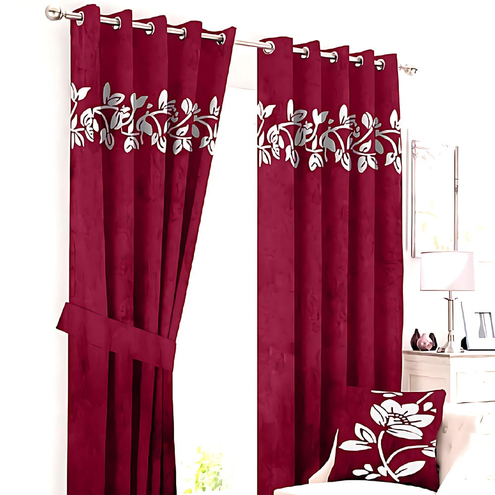 2 Pieces Luxury Floral Velvet Curtains Maroon