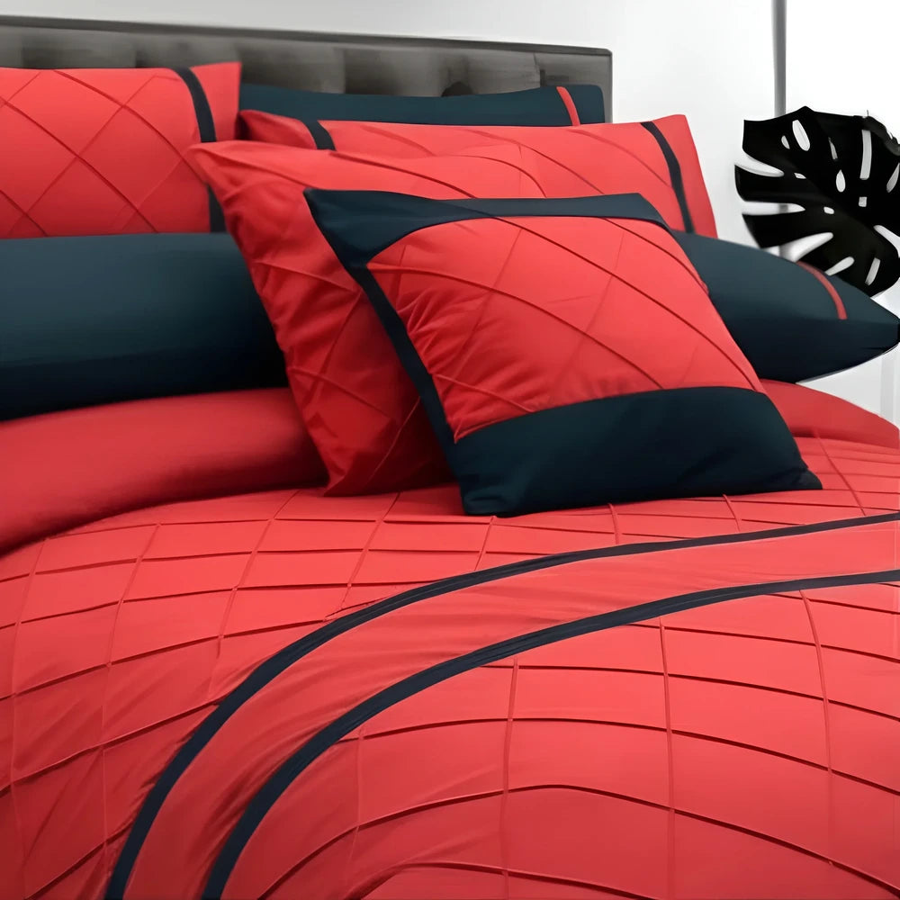 Cross Pleated Duvet Set - Black & Red