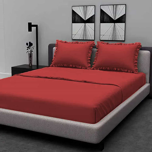 Rich Cotton Fitted Sheet with Ruffle Pillow covers - Red