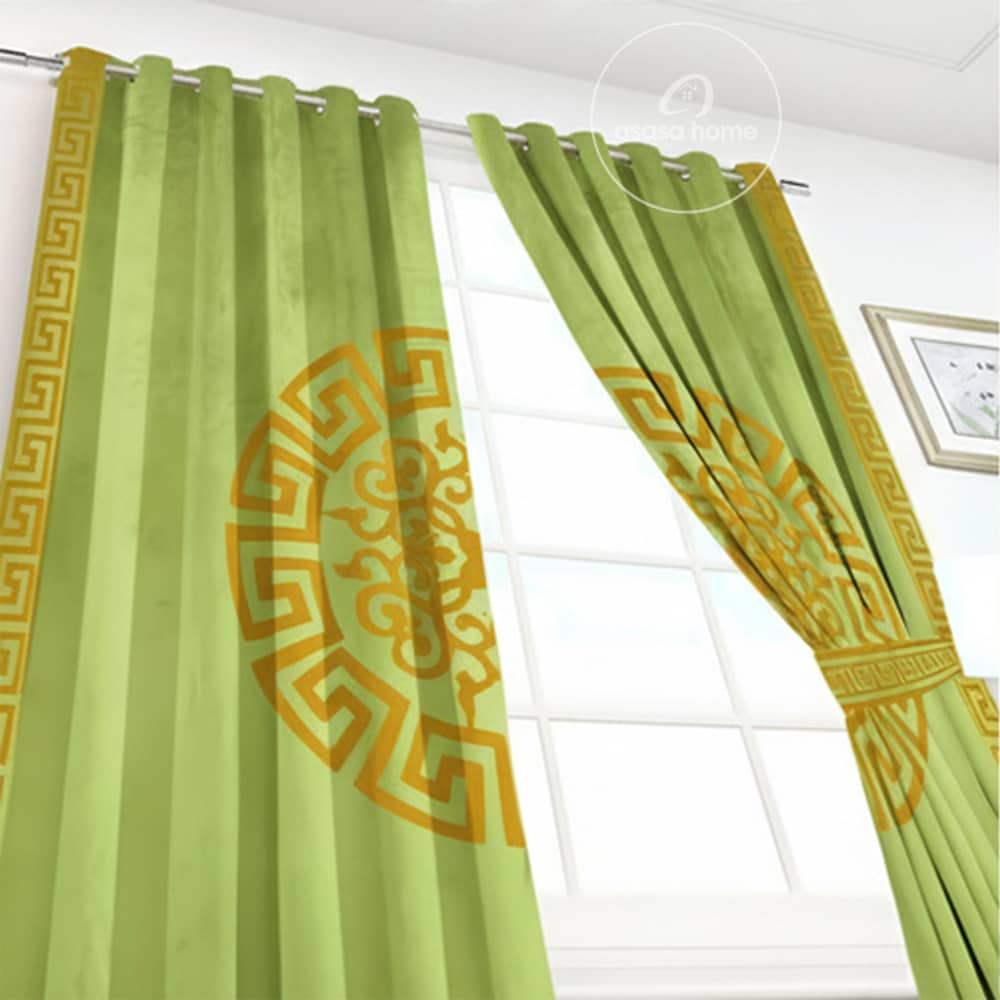 2 Pieces Premium splendid velvet curtain Panels & 2 Belts (Green & Black)