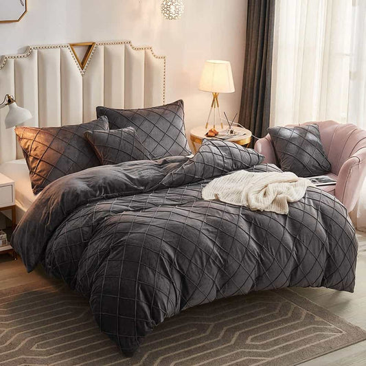 Velvet Cross Pleated Duvet Set - Dark Grey