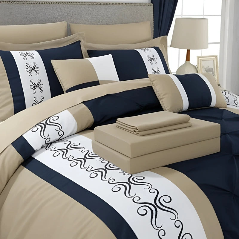 Embroidered Duvet Set - Beige & Blue