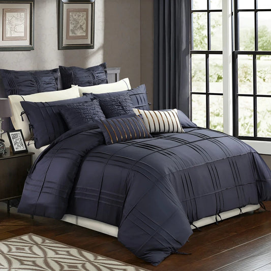 Embellish Pleated Duvet Set - Navy Blue