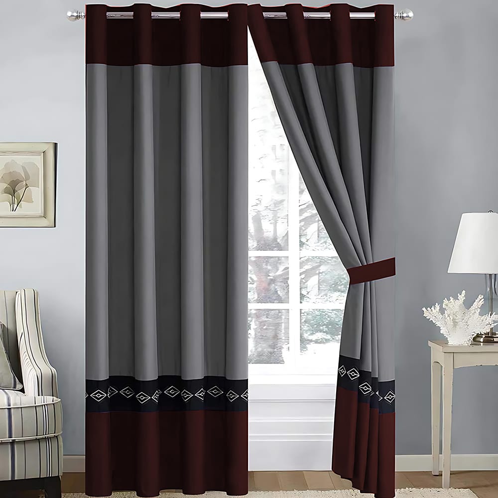 2 Pieces Elegant Embroidered Curtains - Grey & Maroon
