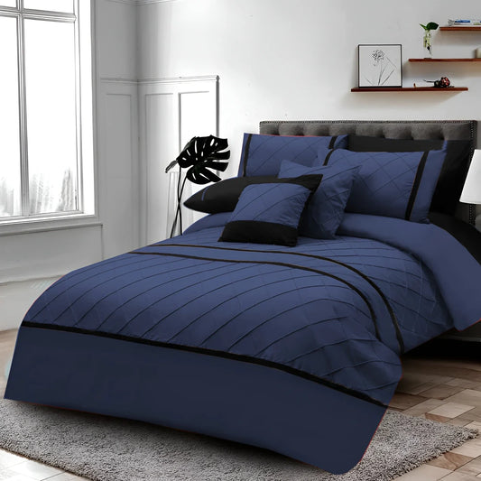 Cross Pleated Duvet Set - Black & Navy Blue