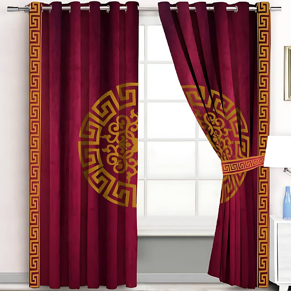 2 Pieces Premium splendid velvet curtain Panels & 2 Belts (Maroon & Golden)