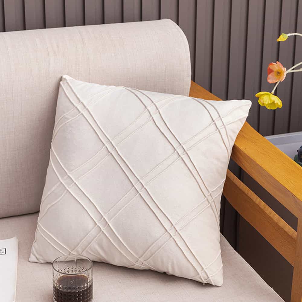 Pack of 2 Velvet Decorative Double Cross Pleated Cushion - Beige