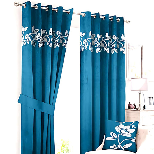 2 Pieces Luxury Floral Velvet Curtains Teal
