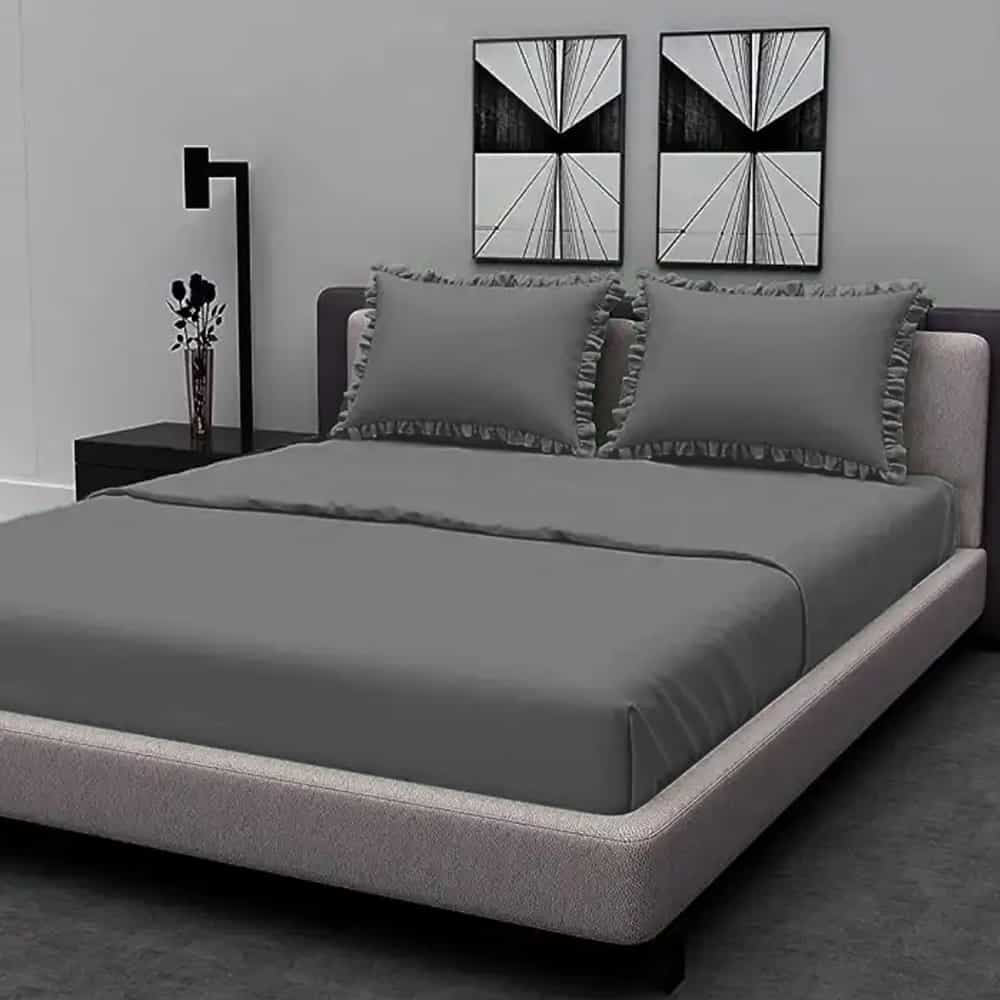 Rich Cotton Fitted Sheet with Ruffle Pillow covers - Grey