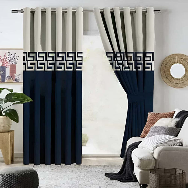 2 Tone Luxury Curtain - Off White/Blue