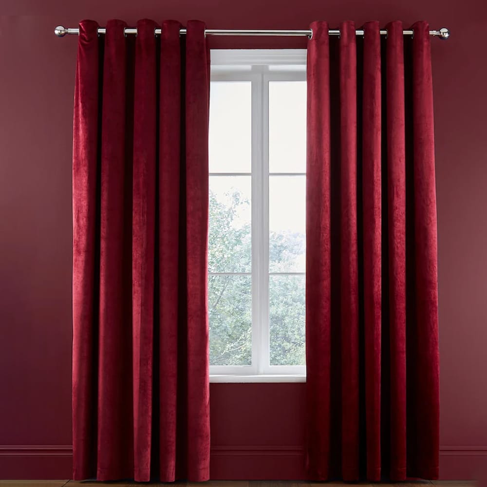 2 Pieces Plain Dyed Velvet Eyelet Curtains - Maroon
