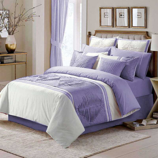 Embellish Pleated Duvet Set - Light Purple & White