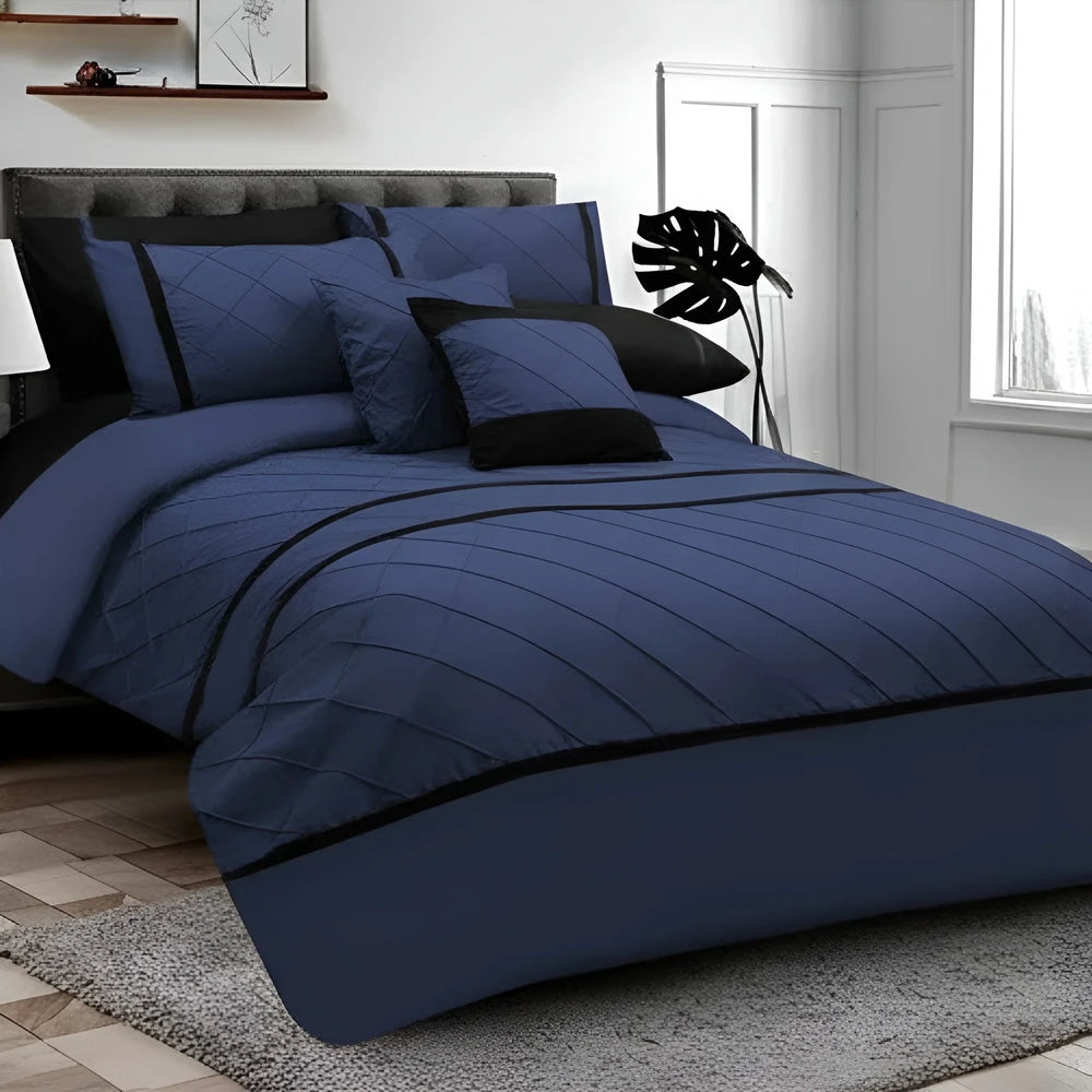 Cross Pleated Duvet Set - Black & Navy Blue