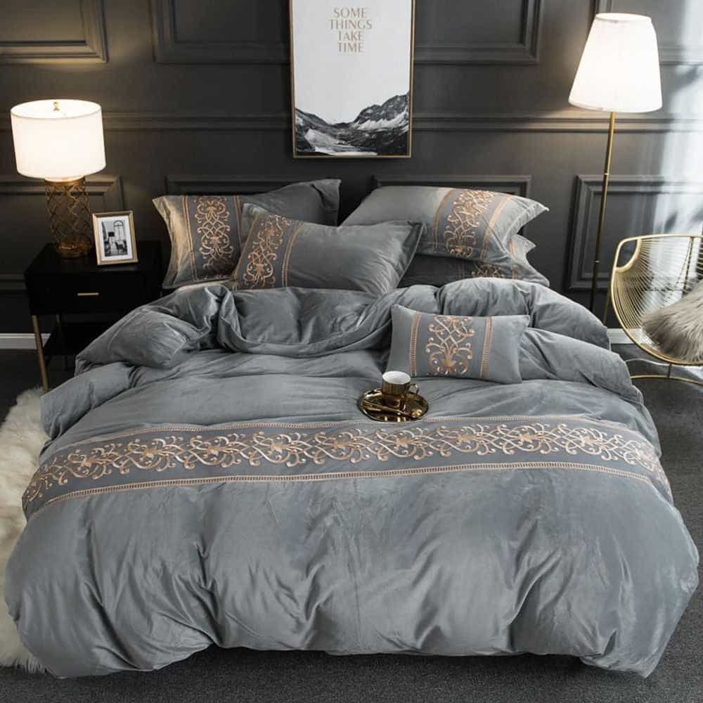 Velvet Embroidered Duvet Set - Grey
