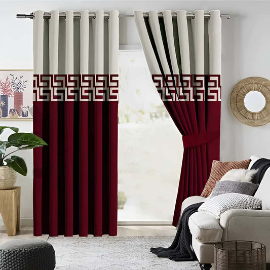 2 Tone Luxury Curtain - Off White/Maroon